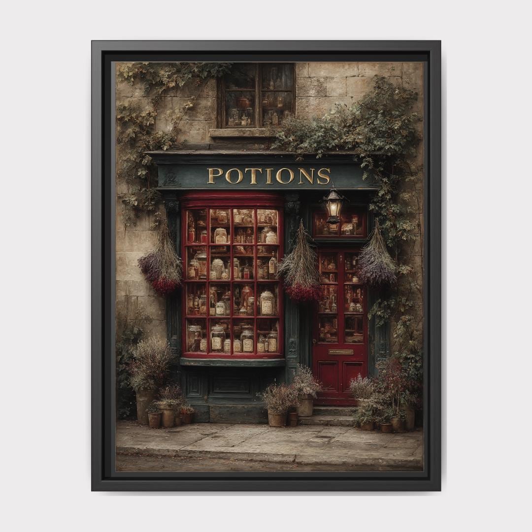 Vintage Apothecary Potion Storefront Art Print, Cobblestone Street Scene Painting