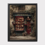 Vintage Apothecary Potion Storefront Art Print, Cobblestone Street Scene Painting