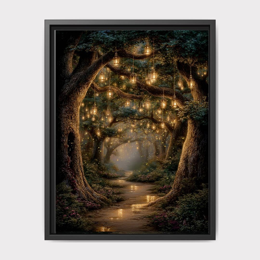 Enchanted Fairy Lanterns Woodland Trees Print, Glowing Forest Path, Fireflies Fantasy Decor Main image
