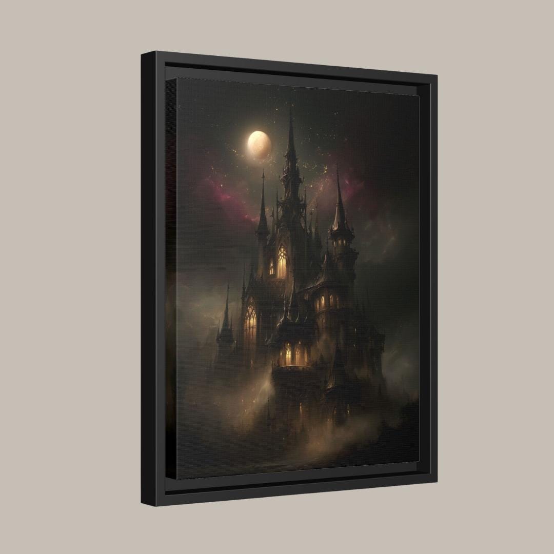 Gothic Castle in Clouds Wall Art, Dark Fantasy Moonlit Cathedral Print, Medieval Gothic Decor