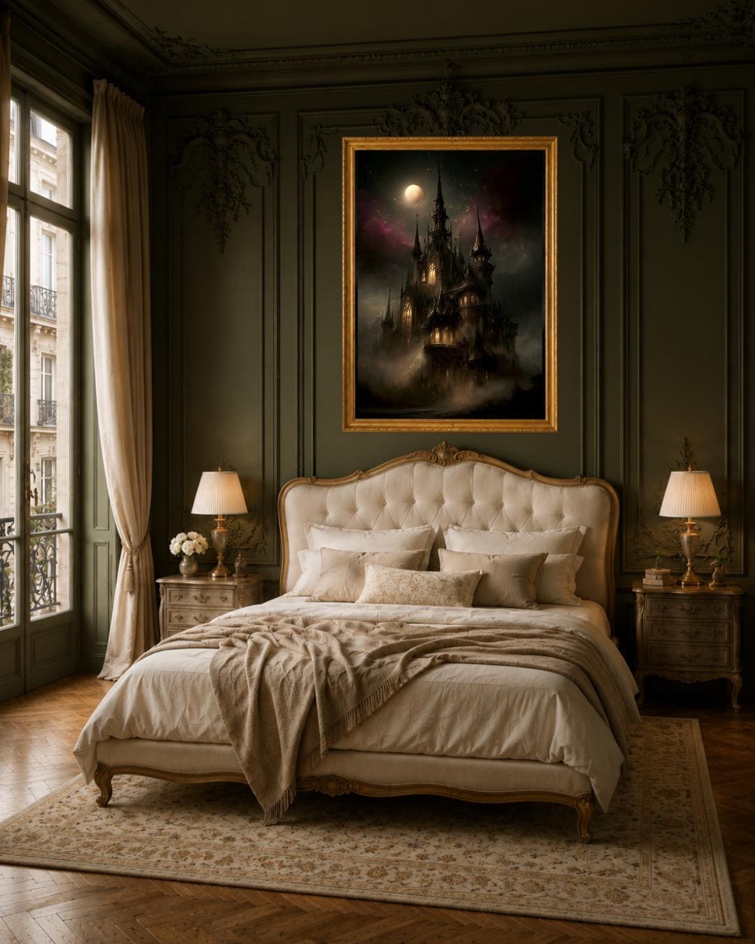 Gothic Castle in Clouds Wall Art, Dark Fantasy Moonlit Cathedral Print, Medieval Gothic Decor