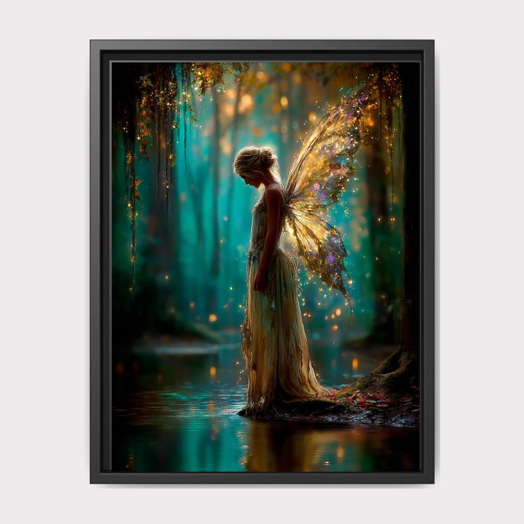 Blond Hair Forest Fairy Art Print Teal Gold Fantasy Enchanted Magical Woodland Painting Main image