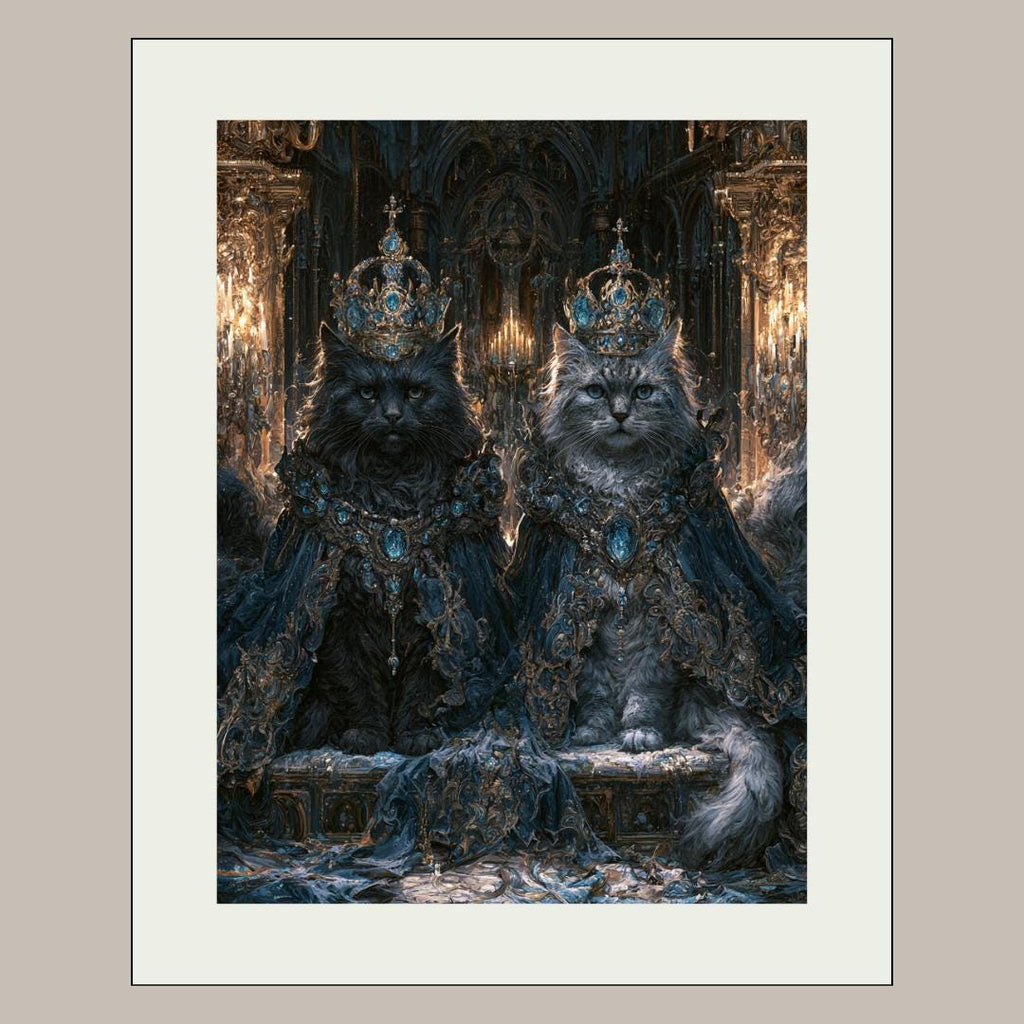 Royal Cat Portrait Wall Art, Gothic Blue Crowned Cats Print, Dark Academia Moody Decor