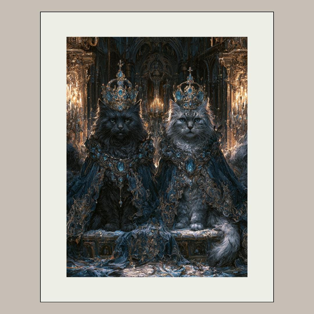 Royal Cat Portrait Wall Art, Gothic Blue Crowned Cats Print, Dark Academia Moody Decor