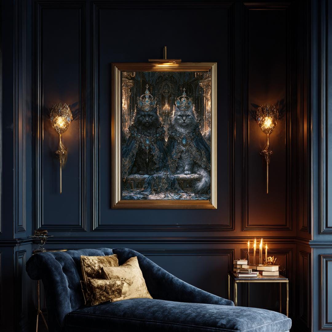 Royal Cat Portrait Wall Art, Gothic Blue Crowned Cats Print, Dark Academia Moody Decor