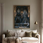 Royal Cat Portrait Wall Art, Gothic Blue Crowned Cats Print, Dark Academia Moody Decor