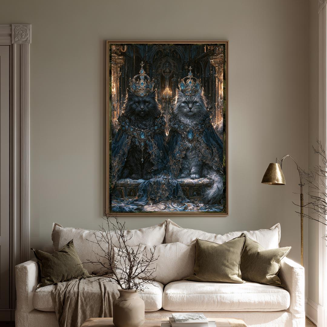 Royal Cat Portrait Wall Art, Gothic Blue Crowned Cats Print, Dark Academia Moody Decor
