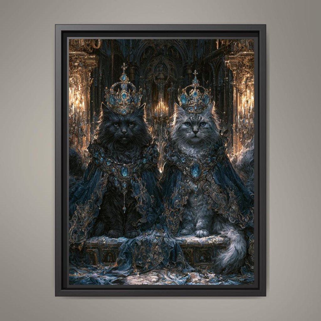 Royal Cat Portrait Wall Art, Gothic Blue Crowned Cats Print, Dark Academia Moody Decor