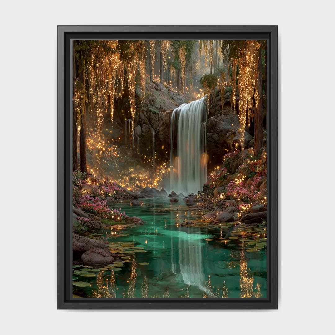 Enchanted Waterfall Forest Wall Art Print, Magical Fairy Light Woodland Painting Teal Green Decor Main image