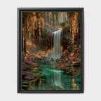 Enchanted Waterfall Forest Wall Art Print, Magical Fairy Light Woodland Painting Teal Green Decor