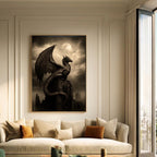 Black Dragon Wall Art, Serpent Fantasy Decor, Dark Academia Print, Medieval Castle Silhouette Artwork