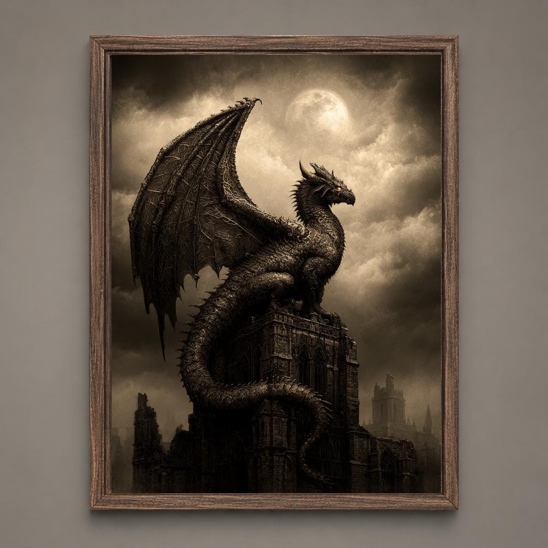 Black Dragon Wall Art, Serpent Fantasy Decor, Dark Academia Print, Medieval Castle Silhouette Artwork