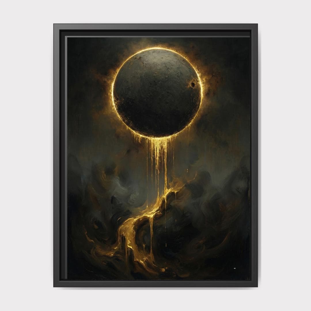 Golden Eclipse Wall Art, Black Moon Dripping Gold, Dark Moody Decor, Oil Painting Style