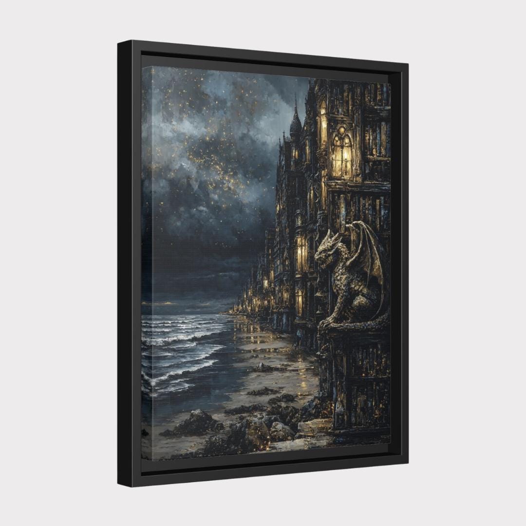 Gargoyle Wall Art, Gothic Coastal Buildings, Atmospheric Ocean Print, Dark Fantasy Seascape Decor