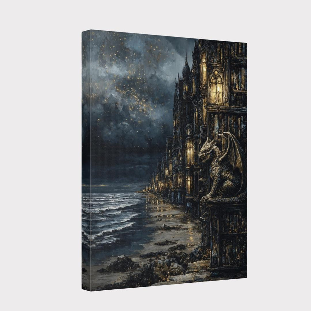 Gargoyle Wall Art, Gothic Coastal Buildings, Atmospheric Ocean Print, Dark Fantasy Seascape Decor