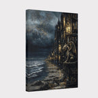 Gargoyle Wall Art, Gothic Coastal Buildings, Atmospheric Ocean Print, Dark Fantasy Seascape Decor