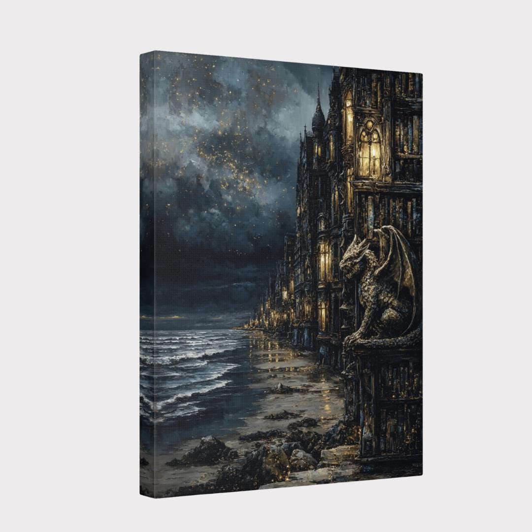 Gargoyle Wall Art, Gothic Coastal Buildings, Atmospheric Ocean Print, Dark Fantasy Seascape Decor