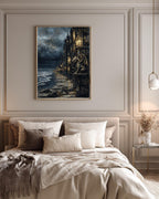 Gargoyle Wall Art, Gothic Coastal Buildings, Atmospheric Ocean Print, Dark Fantasy Seascape Decor