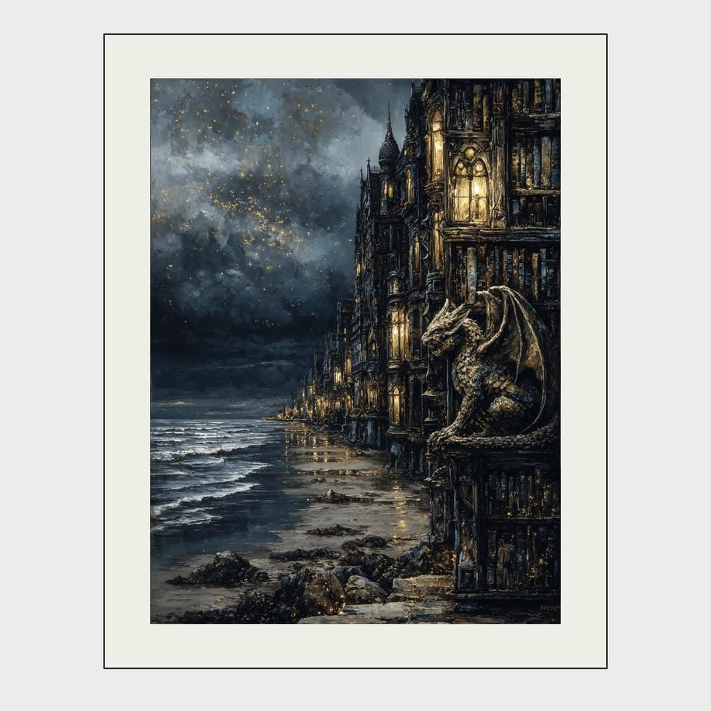 Gargoyle Wall Art, Gothic Coastal Buildings, Atmospheric Ocean Print, Dark Fantasy Seascape Decor