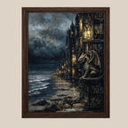 Gargoyle Wall Art, Gothic Coastal Buildings, Atmospheric Ocean Print, Dark Fantasy Seascape Decor