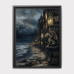 Gargoyle Wall Art, Gothic Coastal Buildings, Atmospheric Ocean Print, Dark Fantasy Seascape Decor