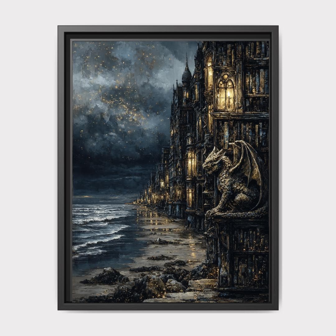 Gargoyle Wall Art, Gothic Coastal Buildings, Atmospheric Ocean Print, Dark Fantasy Seascape Decor