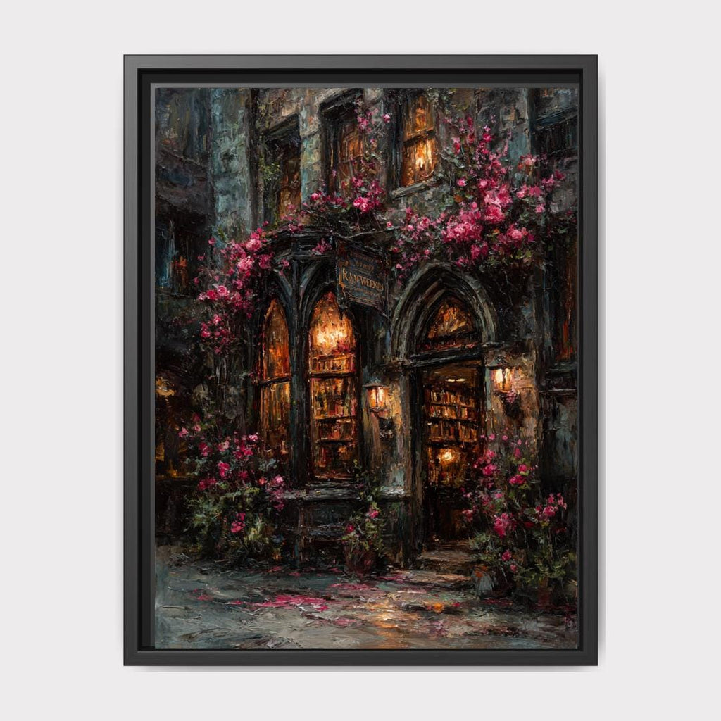 Gothic Bookstore Storefront Oil Painting Print, Dark Academia Library Old Buildings Wall Art