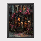 Gothic Bookstore Storefront Oil Painting Print, Dark Academia Library Old Buildings Wall Art