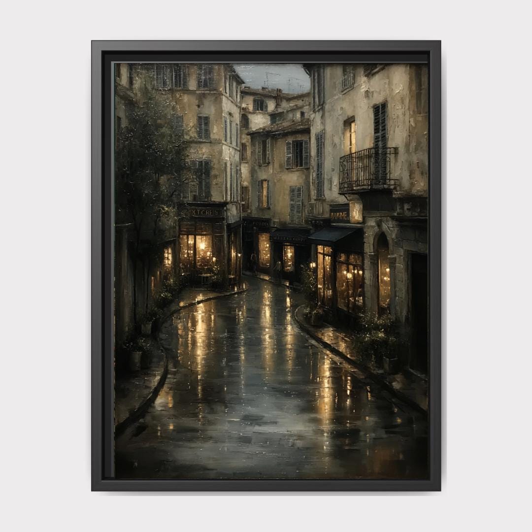 Rainy European Street Wall Art Print Moody City Night, Dark Academia Vintage Wall Decor Main image