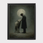 Moonlit Man and Wolf Wall Art Print, Mystical Nightime Direwolf Guardian Painting