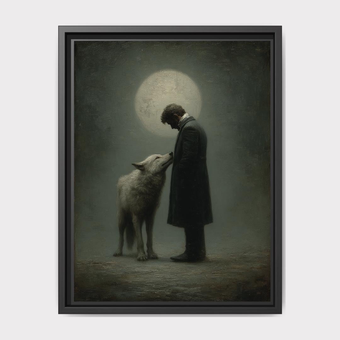 Moonlit Man and Wolf Wall Art Print, Mystical Nightime Direwolf Guardian Painting