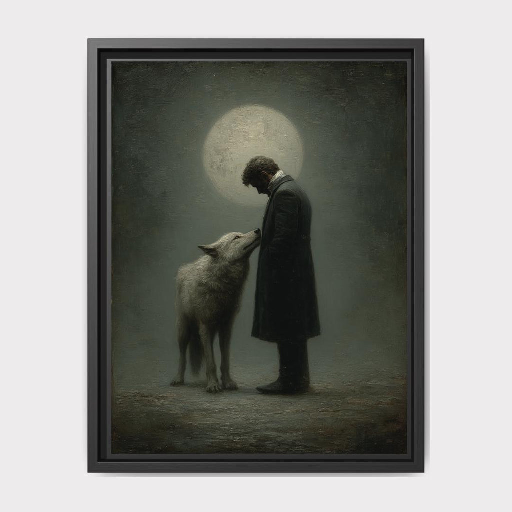 Moonlit Man and Wolf Wall Art Print, Mystical Nightime Direwolf Guardian Painting