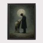 Moonlit Man and Wolf Wall Art Print, Mystical Nightime Direwolf Guardian Painting