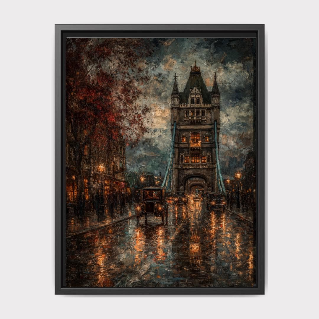 Tower Bridge London Art oil Painting Print, Rainy Night, Vintage Cars, Gothic Cityscape