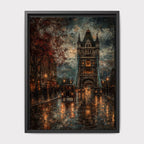 Tower Bridge London Art oil Painting Print, Rainy Night, Vintage Cars, Gothic Cityscape