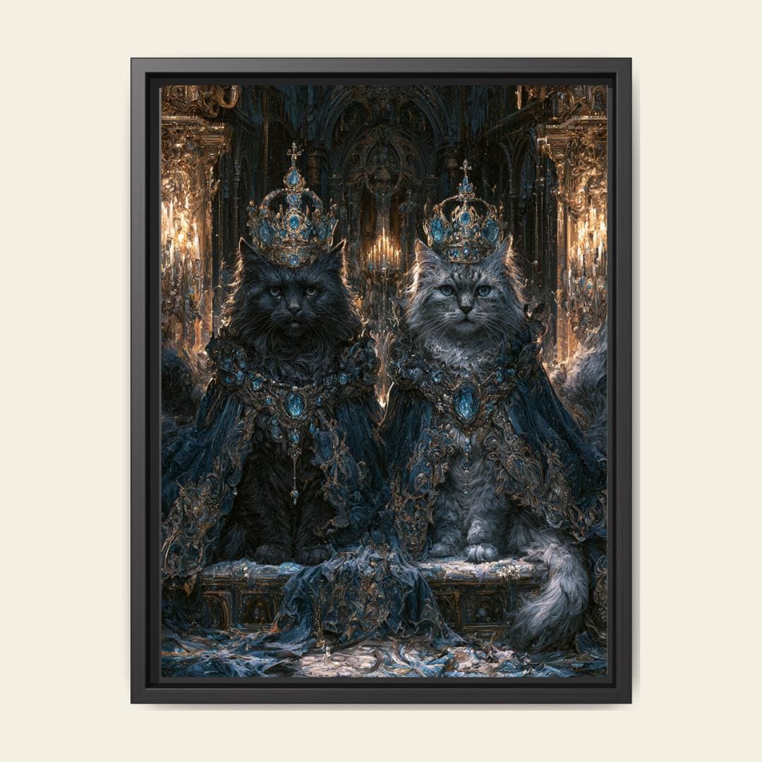 Royal Cat Portrait Wall Art, Gothic Blue Crowned Cats Print, Dark Academia Moody Decor