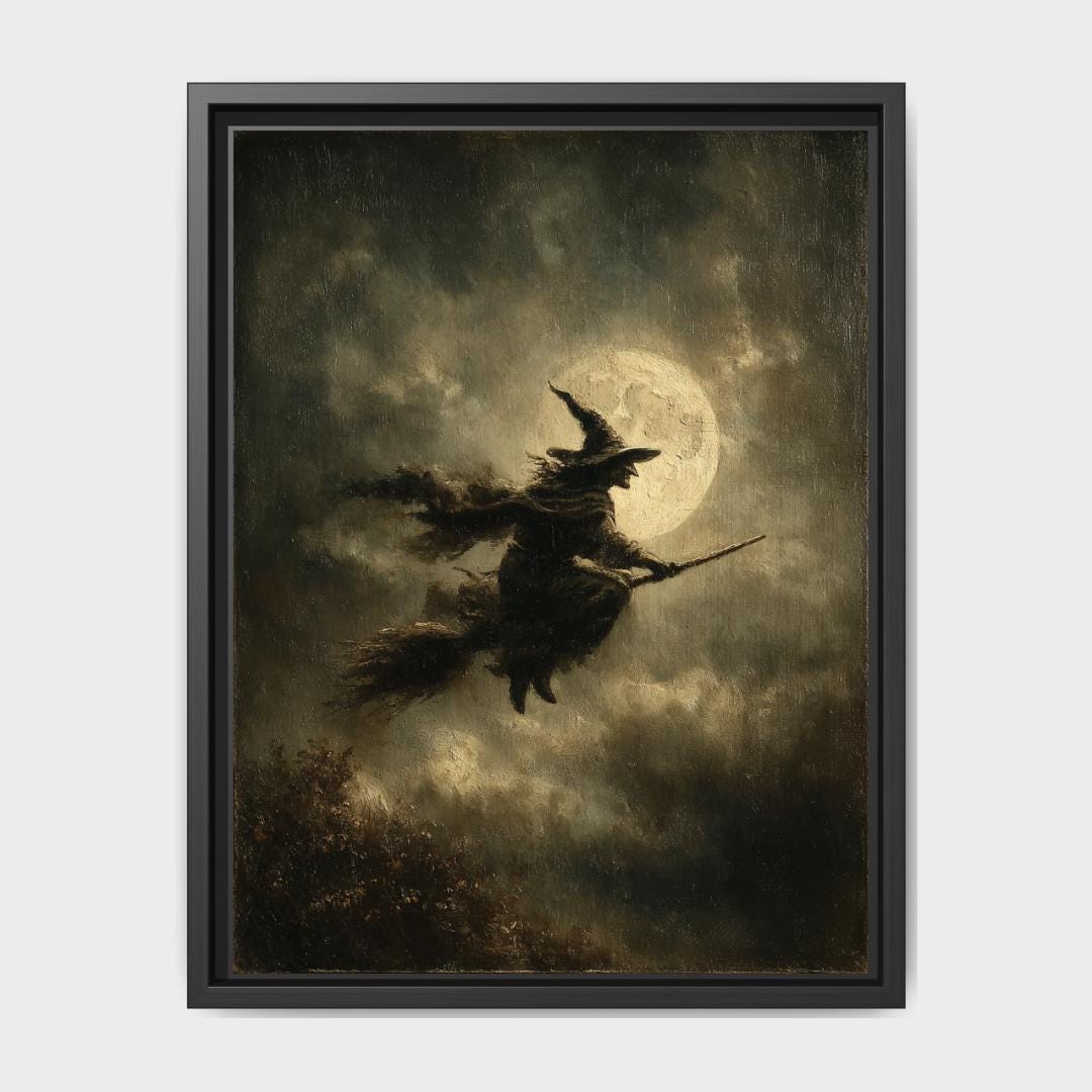 Vintage Witch Print, Flying Broomstick Silhouette, Full Moon Halloween Witchy Dark Moody Decor Main image