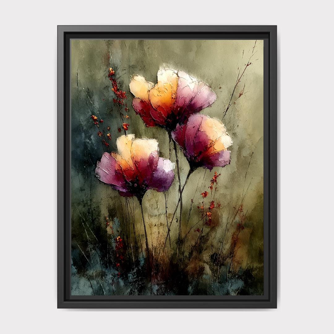 Watercolor Wildflower Art Print Dark and Moody Floral Wall Decor, Peach Plum Flower Painting Main image
