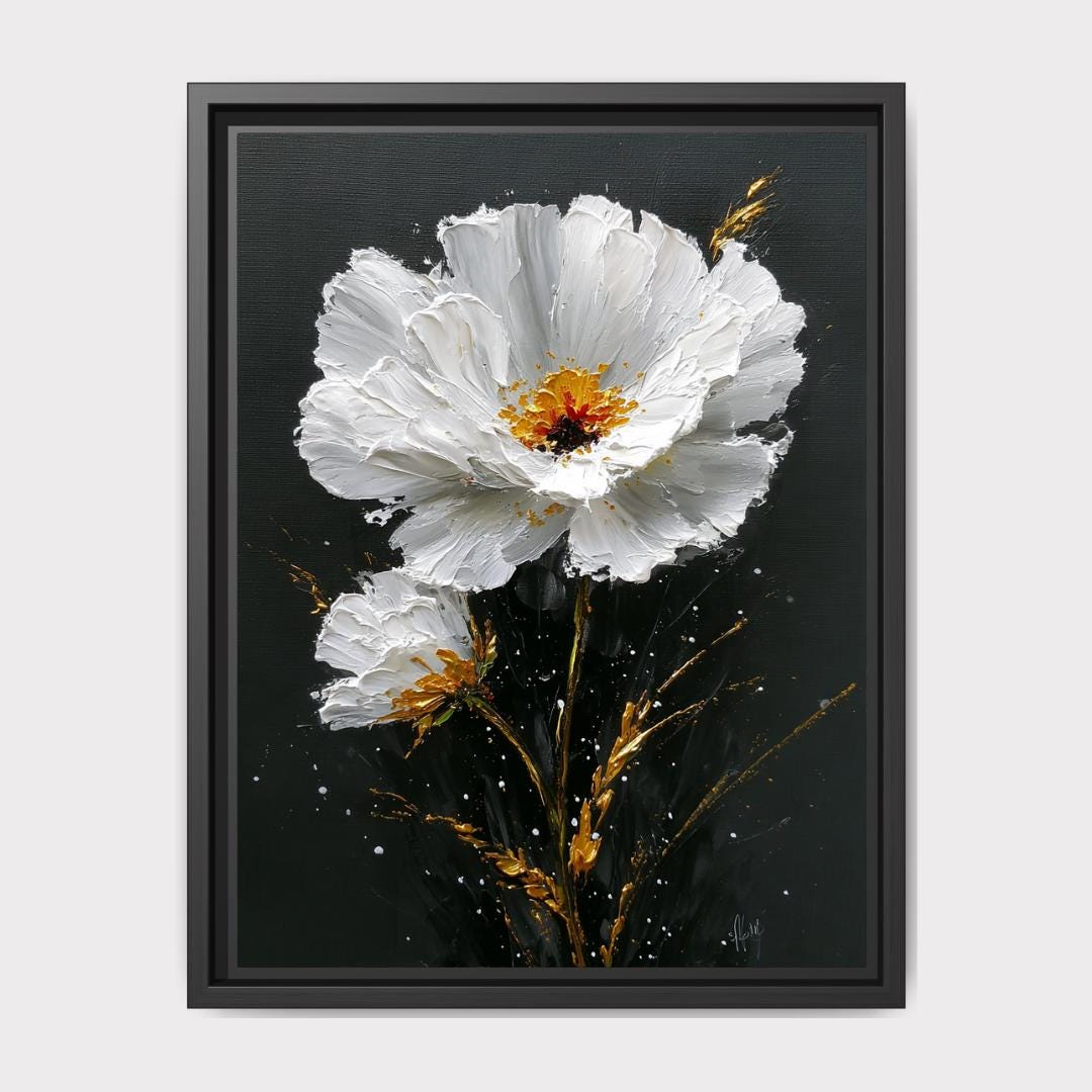 White Daisy Wall Art Print, Black Gold Flower Oil Style Painting, Minimalist Floral Decor