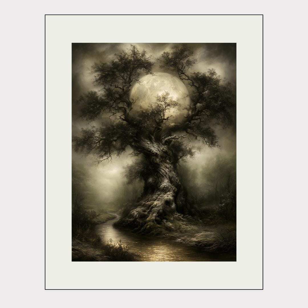 Moonlit Ancient Tree Wall Art Print, Spooky Oak Silhouette Haunted Enchanted Woodland Printed Decor