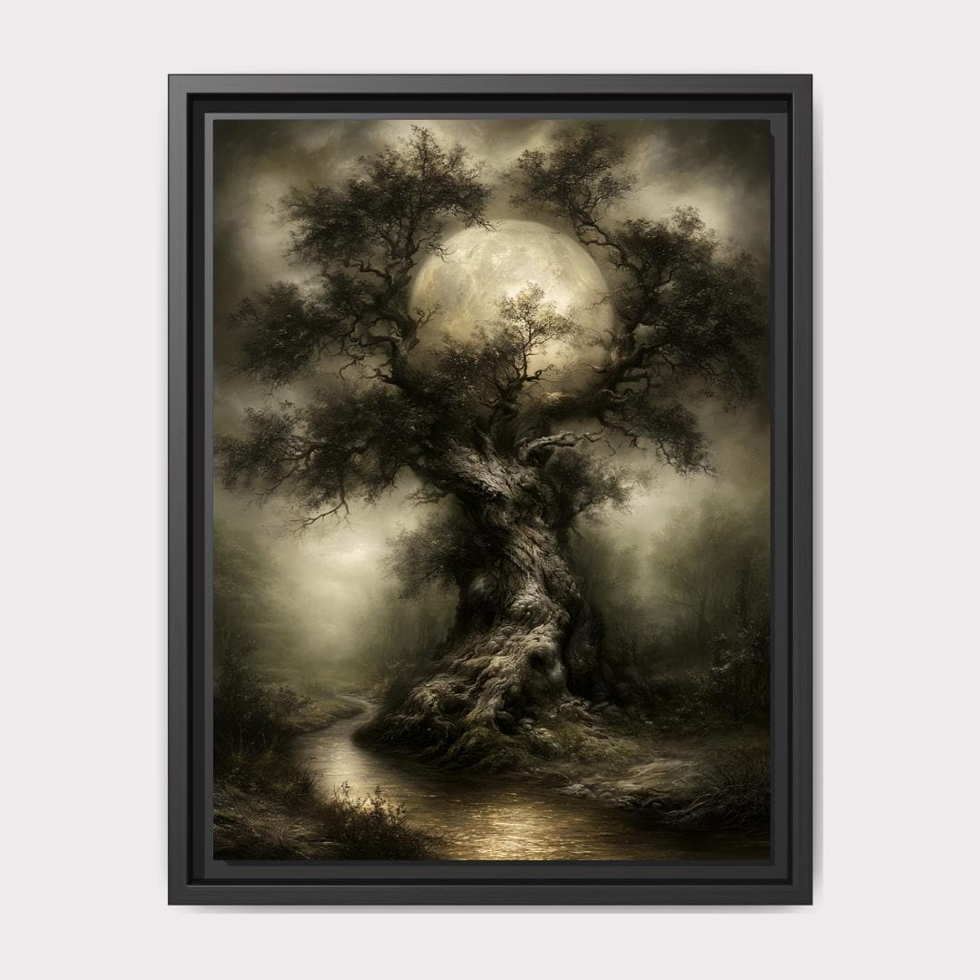 Moonlit Ancient Tree Wall Art Print, Spooky Oak Silhouette Haunted Enchanted Woodland Printed Decor Main image