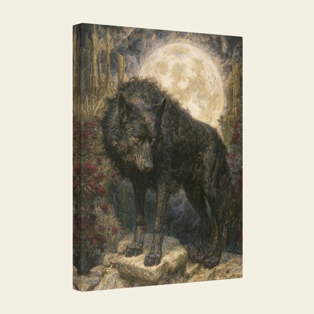 Black Wolf Wall Art, Gothic Moon Decor, Dark Academia Wildlife Animal Print
