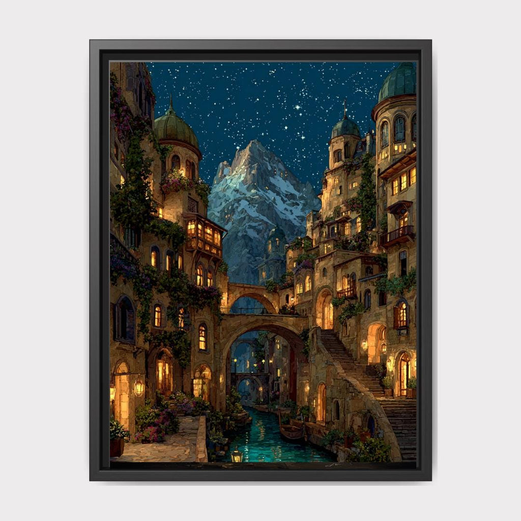 City of Starlight Alpine Village Wall Art Print, Starry Sky at Night Cityscape Painting