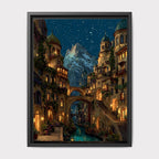 City of Starlight Alpine Village Wall Art Print, Starry Sky at Night Cityscape Painting