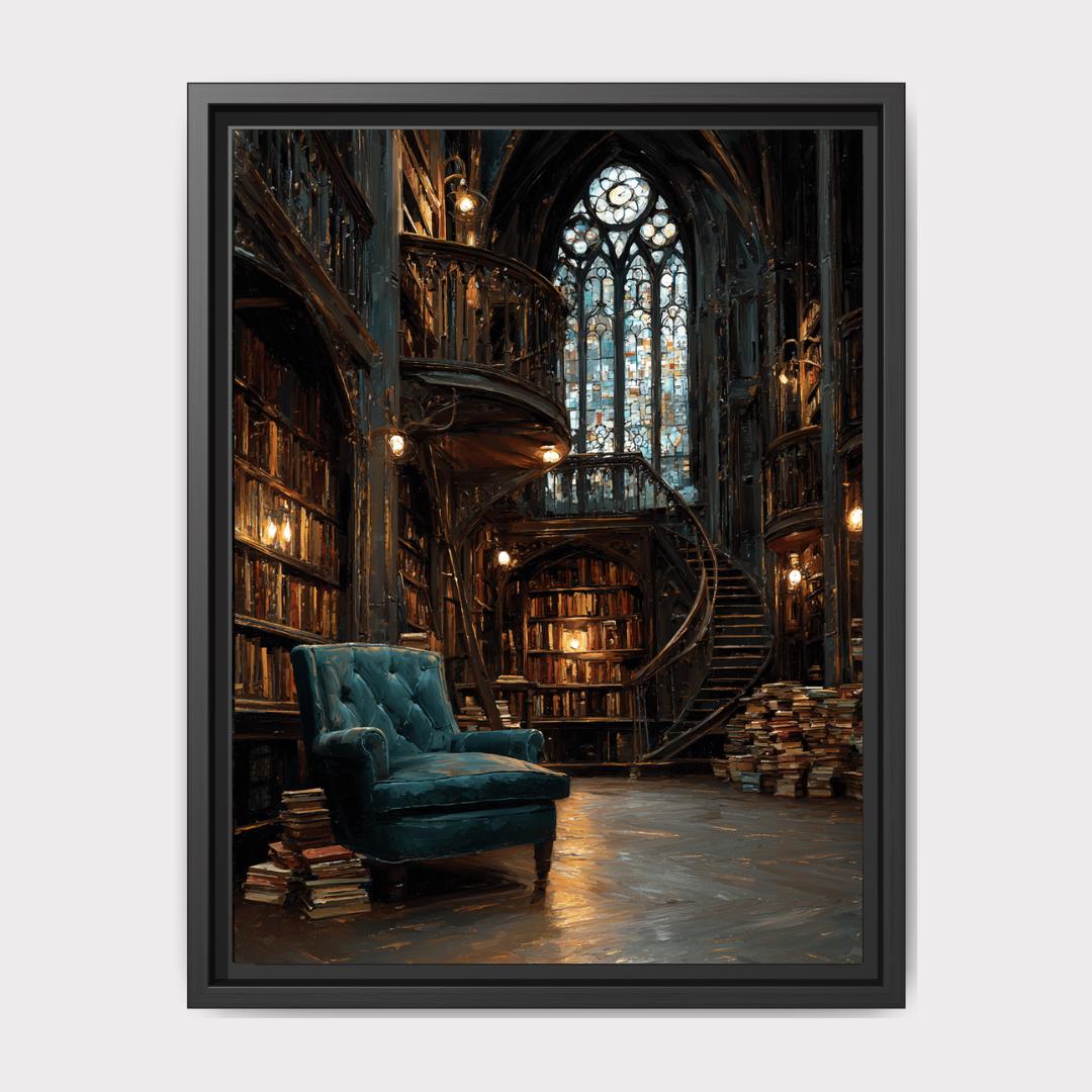 Vintage Library Interior Wall Art Print Gothic Book Nook Stained Glass Window Oil Painting Main image