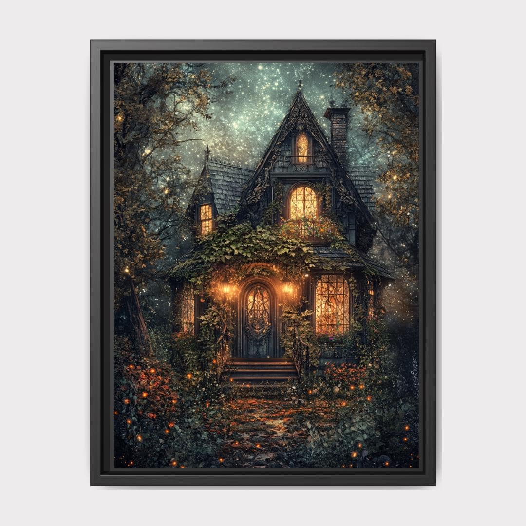 Enchanted Fairy Tale Stone Cottage Art Print Romantic Victorian Forest House Golden Lamplight Painting Main image