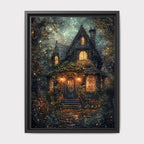 Enchanted Fairy Tale Stone Cottage Art Print Romantic Victorian Forest House Golden Lamplight Painting