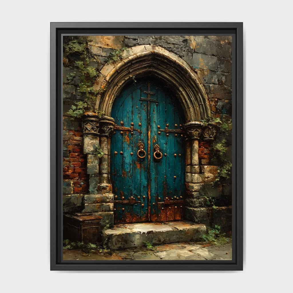 Gothic Turquoise Church Door Print, Rustic Stone Archway Wall Art Painting