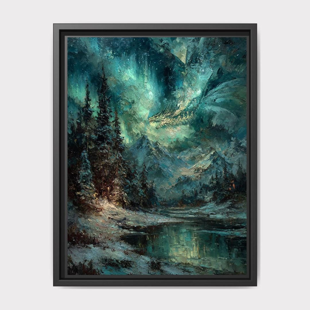Northern Lights Dragon Art Print, Mystical Snowy Mountain Starlit Landscape