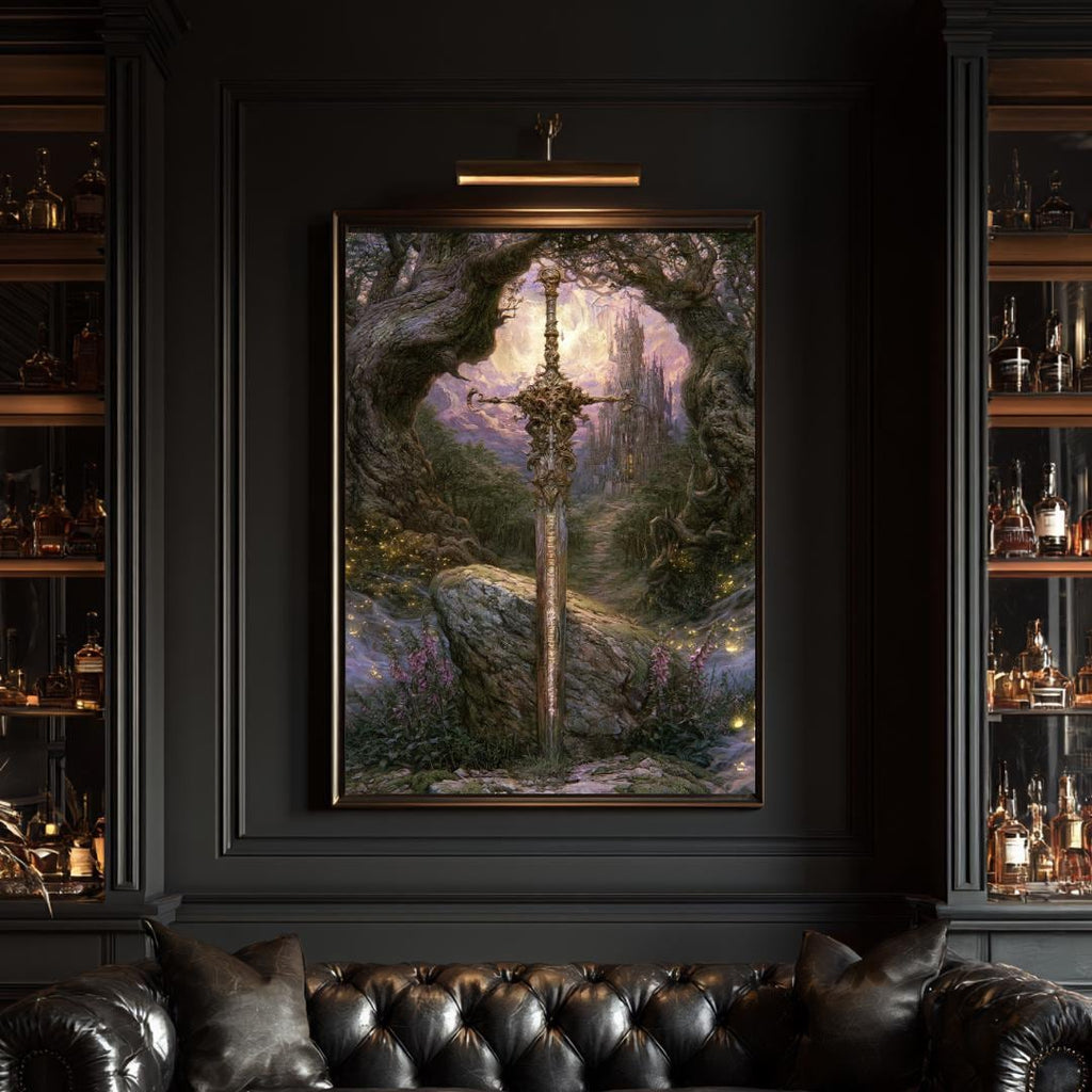 Fantasy Sword Wall Art, Medieval Castle Decor, Gothic Knight Artwork, Dark Academia Print